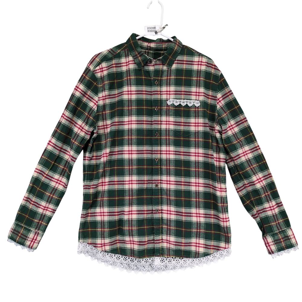 Line of Trade Women's L Plaid‎ Cotton Flannel Button Up Shirt, Lace Trim Western